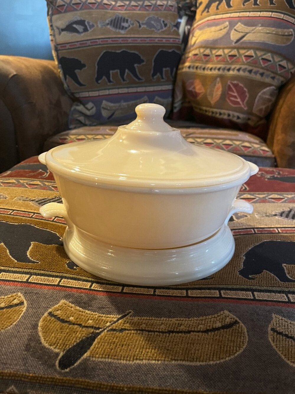 Vintage Fire King casserole dish with lid and serving base